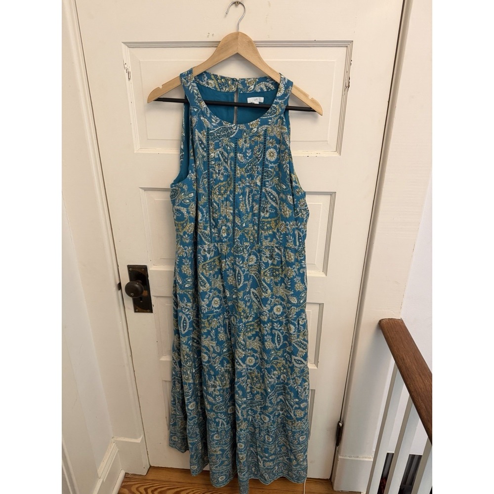 J. Jill Teal Paisley Sleeveless Maxi Dress Tiered Ladder Lace Pintuck Large - Picture 2 of 7